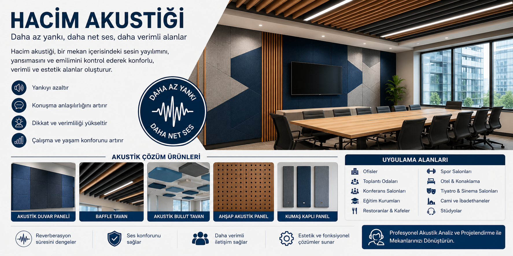 Hacim akustiğini anlatan akustik duvar panelleri ve baffle tavan uygulamalarının yer aldığı modern toplantı odası.